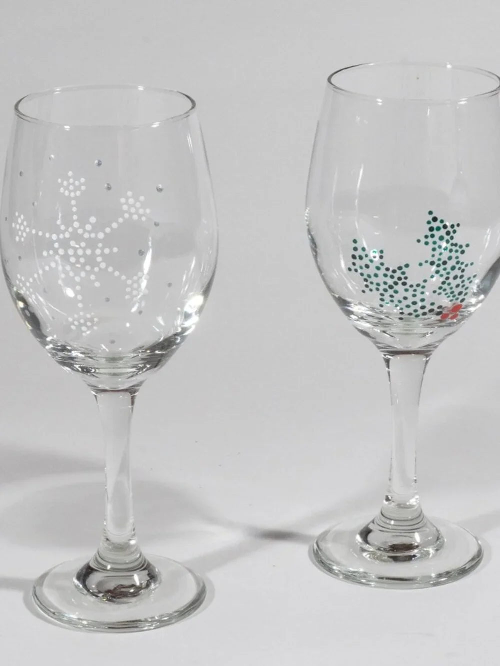 Hand Painted Christmas Wine Glasses, Set of 2 with Holly and Snowflake Design